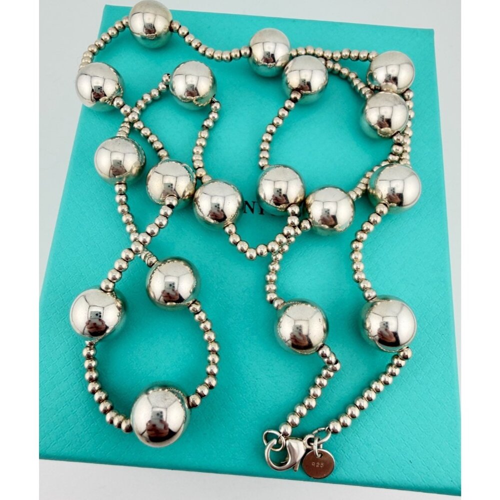 Tiffany & Co. Vintage Modern Bead Station Necklace Sterling Silver 27”